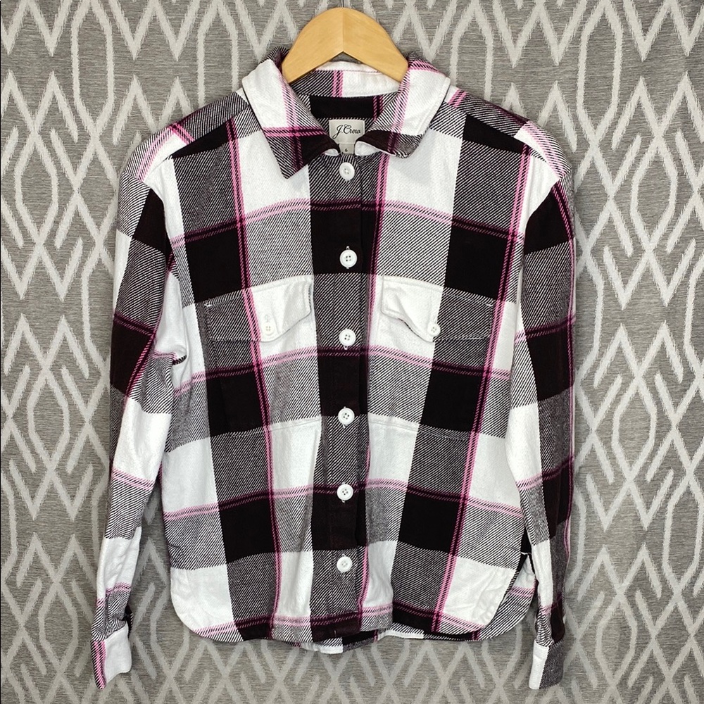 J. Crew Black and White Plaid Button Down Flannel Shirt with Pink Size: 6